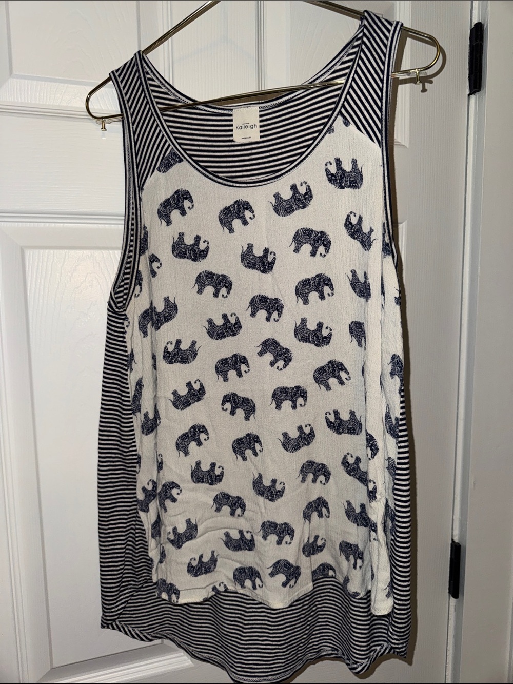 Kaileigh Navy and White Elephant Print and Striped Tank Top